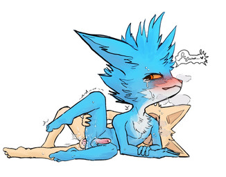 3_toes 4_fingers anal anal_penetration anthro balls barefoot blue_balls blue_body blue_fur blush bodily_fluids brown_eyes butt crying cum cum_in_ass cum_inside cum_on_balls cum_on_butt duo erection feet fingers fur genital_fluids genitals half-closed_eyes heart_symbol holding_leg lying male male/male male_anthro male_penetrated male_penetrating male_penetrating_male mohawk motion_lines narrowed_eyes nude nude_anthro nude_male on_side paws penetration penile penile_penetration penis penis_in_ass raised_leg sex shaking short short_anthro short_male simple_background sweat sweatdrop tan_balls tan_body tan_fur tan_sclera tears thrusting toes trembling white_background dapong league_of_legends riot_games tencent rumble_(lol) teemo_(lol) yordle