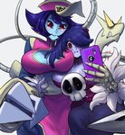 big_breasts blue_body blush breasts cellphone cleavage clothed clothing duo electronics female phone purple_body noblood capcom darkstalkers skullgirls hsien-ko_(darkstalkers) leviathan_(skullgirls) squigly chimera humanoid undead crossover hi_res