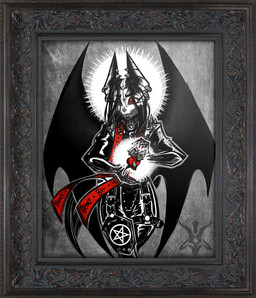 anthro clothing collar dark_sclera ear_piercing facial_piercing female furgonomics halo latex latex_clothing leather lip_piercing machine occult_symbol pentagram picture_frame piercing pointy_ears red_eyes religion solo straps symbol wings zeffa satan android bat mammal robot 2026 digital_media_(artwork) hi_res monochrome watermark