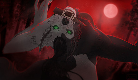 bared_teeth bent_over breasts cheek_tuft facial_tuft female forest green_eyes looking_at_viewer moon multicolored_body plant red_moon red_sky sky snarling solo stake teeth tree tuft two_tone_body zenithell mythology celia_(zenithhell) canid canine mammal mythological_canine mythological_creature werecanid werecanine werecreature werewolf digital_media_(artwork) hi_res