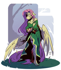 amputee anthro bite_mark blood bodily_fluids clothing disability dress feathered_wings feathers female gore green_clothing green_dress hair legwear looking_at_viewer missing_arm missing_leg missing_limb pink_hair solo stockings torn_clothing torn_legwear torn_stockings wings redxbacon friendship_is_magic hasbro my_little_pony mythology fluttershy_(mlp) equid equine mammal mythological_creature mythological_equine pegasus absurd_res hi_res