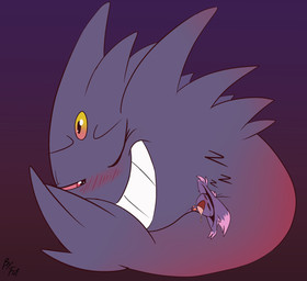3_eyes ambiguous_gender anthro biped black_body black_fur blush blush_lines bodily_fluids cuddling curled_up drooling duo eyebrows eyes_closed female feral fur grin half-closed_eyes larger_female looking_at_another multi_eye narrowed_eyes one_eye_closed open_mouth saliva simple_background size_difference sleeping smaller_ambiguous smile sound_effects tongue vowelless vowelless_sound_effect zzz fuf nintendo pokemon generation_4_pokemon generation_6_pokemon mega_evolution mega_gengar mismagius pokemon_(species) 2019 hi_res
