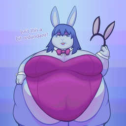 4_fingers anthro asking asking_viewer belly big_belly big_breasts biped black_accessory black_eyebrows black_eyes blue_body blue_countershading blue_ears blue_fur blue_hair blue_lipstick blue_text bow_tie breasts buckteeth bunny_costume cleavage clothed clothed_anthro clothed_female clothing costume countershade_face countershade_fur countershading ears_up eyebrow_through_hair eyebrows eyelashes eyeshadow fake_ears fake_rabbit_ears fat_arms female female_anthro fingers front_view fur gloves_(marking) hair hair_between_eyes half-closed_eyes hand_on_hip hand_on_own_hip holding_fake_ears holding_object huge_belly huge_breasts huge_thighs ill-fitting_clothing ironic_fake_ears leotard lidded_eyes lipstick long_ears looking_aside makeup markings morbidly_obese morbidly_obese_anthro morbidly_obese_female narrowed_eyes navel_outline necktie obese obese_anthro obese_female open_mouth orange_mouth overweight overweight_anthro overweight_female purple_bow_tie purple_clothing purple_eyeshadow purple_leotard question_mark rabbit_ears shirt_collar shirt_cuffs simple_background solo standing strapless_clothing strapless_leotard talking_to_viewer teeth text thick_thighs tight_clothing translucent translucent_hair unimpressed white_inner_ear white_markings wide_hipped_anthro wide_hipped_female wide_hips yes-no_question porcinecat reiko_(porcine) lagomorph leporid mammal rabbit 1:1 2023 colored cool_colors digital_media_(artwork) english_description english_text half-length_portrait hi_res portrait shaded