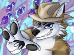 anthro blue_eyes brown_body brown_fur fur jojo_pose male milow_partywolf solo white_body white_fur starseeker jojo's_bizarre_adventure menacing_(meme) joseph_joestar canid canine canis mammal wolf hi_res meme