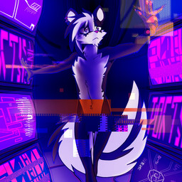 anthro big_tail claws ear_piercing electronics femboy fluffy glitch hologram male monitor navel nude pawpads piercing screen solo tail topazknight jeremy_(topazknight) mammal mephitid skunk 1:1 colored shaded