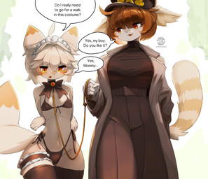 ahoge anthro bikini blush bow_tie bra clothing dominant dominant_female duo female femboy fur hair leash legwear male open_mouth orange_eyes panties roleplay short_hair simple_background stockings submissive submissive_male swimwear tan_body tan_fur text topwear two-piece_swimsuit underwear walking ventoza absurd_res english_text hi_res