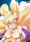 big_breasts blonde_hair blush bodily_fluids breasts butt clothing cum cum_on_face duo female genital_fluids genitals green_eyes hair male male/female monster_girl_(genre) multi_tail nipples open_mouth penis pupils slit_pupils solo_focus tail tongue tongue_out unknown_artist monster_girl_quest tamamo animal_humanoid canid canid_humanoid canine canine_humanoid fox_humanoid humanoid mammal mammal_humanoid