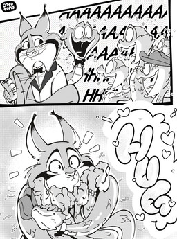 blush bow_tie clothed clothing excited family feral fur grey_body grey_fur group group_hug hug hugging_another interspecies male male/male open_mouth smile suit surprised text ottotopus disney zootopia gary_de'snake pawbert_lynxley canada_lynx felid feline humanoid lynx mammal pit_viper reptile scalie snake viper comic digital_media_(artwork) english_text hi_res monochrome