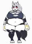 anthro bag belly big_breasts black_nose blush breasts clothed clothing collar female fur grey_body grey_fur grey_hair hair holding_bag navel obese obese_anthro obese_female overweight overweight_anthro overweight_female red_sclera simple_background solo spiked_collar spikes standing thick_thighs torn_clothing white_background white_body white_eyes white_fur wide_hips herro helluva_boss mcdonald's mythology loona_(helluva_boss) canid canid_demon canine demon hellhound mammal mythological_canine mythological_creature 2022 absurd_res hi_res