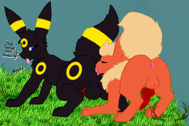 all_fours anal animal_genitalia animal_penis anus balls black_body black_fur blue_eyes breath butt duo erection eyes_closed feral feral_on_feral feral_penetrated feral_penetrating fur genitals grass knot knotted_penis leaning leaning_forward licking looking_at_another looking_back looking_pleasured male male/male markings multicolored_body multicolored_fur oral orange_body orange_fur panting penetration penis pink_anus plant presenting presenting_hindquarters red_knot red_penis rimming rimming_male sex text tongue tongue_out yellow_markings mettdesign_(artist) nintendo pokemon eeveelution flareon generation_1_pokemon generation_2_pokemon pokemon_(species) umbreon 3:2
