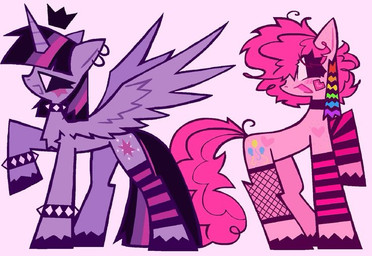 alternative_fashion bracelet chest_tuft clothing crown duo ear_piercing female feral fetlocks fishnet_stockings headgear horn jewelry legwear piercing punk scene_(fashion) simple_background spiked_bracelet spikes stockings tuft wings gnomicki friendship_is_magic hasbro my_little_pony mythology pinkie_pie_(mlp) twilight_sparkle_(mlp) earth_pony equid equine horse mammal mythological_creature mythological_equine pony winged_unicorn