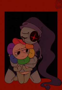 anthro bodily_fluids clothing crying duo hug kneeling male male/male size_difference sleeping_cap smile tears torn_clothing cheetoeater conditional_dnp blushcrunch_studio dandy's_world astro_(dandy's_world) dandy_(dandy's_world) toon_(dandy's_world) hi_res watermark
