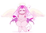 areola belly belly_grab belly_squish big_breasts blush breasts crown emanata feathered_wings feathers female food gesture glistening glistening_belly glistening_body hair halo headgear heart_symbol long_hair membrane_(anatomy) membranous_wings navel nipples not_furry overweight overweight_female pink_body pink_hair pink_nipples pink_sclera simple_background slightly_chubby smile solo spade_tail squish tail tail_gesture tail_heart thick_thighs tiara white_background wide_hips wings magpiered cookie_run eternal_sugar_cookie cookie_(cookie_run) food_creature food_humanoid humanoid absurd_res hi_res