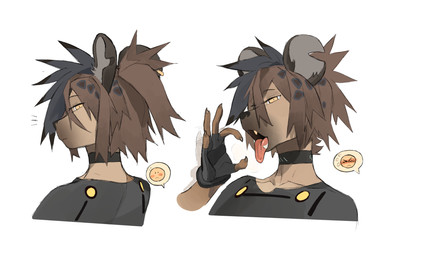 ambiguous_gender anthro biped black_hair brown_hair choker clothing ear_piercing ear_ring fellatio_gesture female fingerless_gloves gesture gloves hair handwear jewelry looking_at_viewer multicolored_hair necklace notched_ear open_mouth oral_invitation piercing ring_piercing simple_background solo suggestive suggestive_gesture tongue tongue_out two_tone_hair white_background yellow_eyes telson hella_(telson) hyena mammal spotted_hyena 2022 digital_media_(artwork) hi_res