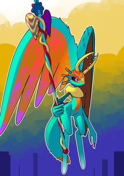 ambiguous_gender antares_(kirby_and_the_forgotten_land) anthro antlers biped chest_tuft city cityscape cloud cloudy_sky colored_nails countershade_torso countershading detailed_background digitigrade dipstick_tail fingernails fluffy fluffy_tail fur head_wings holding_melee_weapon holding_object holding_polearm holding_spear holding_weapon horn huge_wings markings melee_weapon mouthless multicolored_body multicolored_eyes multicolored_fur nails neck_tuft orange_body orange_fur outside pink_eyes polearm pupils purple_fingernails purple_nails purple_sclera sky solo spear tail tail_markings tan_body tan_fur teal_body teal_eyes teal_fur three-quarter_view tuft unusual_wing_placement weapon wings 9w8dh kirby_(series) kirby_and_the_forgotten_land nintendo fecto_elfilis alien chinchillid mammal rodent starling_(kirby) 2026 digital_drawing_(artwork) digital_media_(artwork) full-length_portrait hi_res japanese_description portrait
