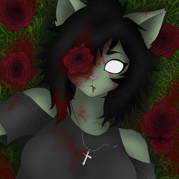 anthro black_hair blood blood_in_mouth blood_on_clothing blood_on_face bodily_fluids clothing cross cross_necklace female flower gore grass green_body hair jewelry necklace plant rose_(flower) solo white_eyes caucau123 khaela felid feline mammal undead zombie 1:1 hi_res