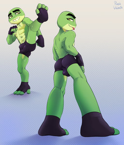 anthro bodily_fluids bulge butt clothing fingerless_gloves footwear gloves handwear male solo sweat underwear purplevelbeth captain_laserhawk:_a_blood_dragon_remix bullfrog_(captain_laserhawk) amphibian frog absurd_res hi_res