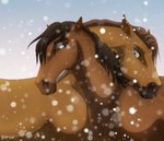 ambiguous_gender blue_eyes brown_body brown_hair duo eyebrows feral hair looking_at_another mane simple_background smile drizer dolero sillion_(swag2dragon) equid equine horse mammal 2021 digital_media_(artwork)