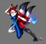 anthro clothed clothing female fire fur kung_fu magic multi_tail red_body red_fur smile solo tail neonyx canid canine canis mammal wolf