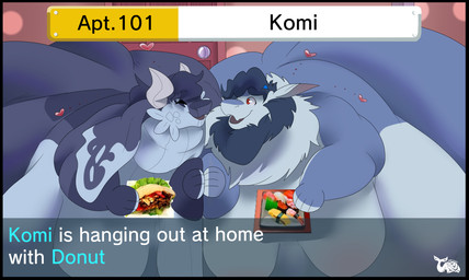 anthro apartment apartment_number belly_on_ground big_breasts big_moobs blue_body blue_hair breasts duo eating eating_food eye_contact eyes_closed female food fur gain gaming growing hair heart_symbol holding_food holding_object home kebab looking_at_another love lying male male/female moobs morbidly_obese morbidly_obese_female morbidly_obese_male obese obese_female obese_male on_front open_mouth overweight overweight_female overweight_male simple_background smile sushi text weight_gain fatty-sashimi mythology nintendo tomodachi_life tomodachi_life:_living_the_dream aquatic cetacean dragon furred_dragon furred_scalie hybrid mammal mythological_creature mythological_scalie scalie whale_dragon 2024 english_description english_text hi_res shaded