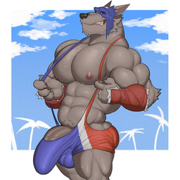 abs anthro balls balls_outline biceps big_muscles big_penis blue_clothing blue_mask blue_swimwear bodily_fluids border bulge claws clothed clothing deltoids detailed_bulge fangs fur genital_outline genitals grey_body grey_fur humanoid_genitalia humanoid_penis looking_at_viewer male multicolored_clothing multicolored_swimwear muscular muscular_anthro muscular_male nipples pecs penis penis_base penis_outline red_clothing red_eyes red_swimwear solo sweat sweaty_body swimwear teeth triceps vein veiny_penis white_border white_clothing white_swimwear fleshformomo marvel marvel_rivals mythology captain_america capwolf canid canine mammal mythological_canine mythological_creature werecanid werecanine werecreature werewolf 1:1 2026 digital_media_(artwork) hi_res