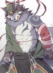 abs anthro bare_chest clothing fur grey_body grey_fur hat headgear headwear male mongolian_clothing muscular muscular_anthro muscular_male pecs solo yellow_eyes sakehabera lifewonders tokyo_afterschool_summoners temujin_(tas) canid canine canis mammal wolf hi_res