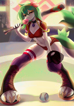 4_fingers anthro ball baseball_(ball) baseball_(sport) baseball_base baseball_bat baseball_field baseball_glove baseball_uniform bat_(object) big_tail black_choker black_jewelry black_necklace boobwindow bottomwear breasts bubble_gum choker claws clothed clothed_anthro clothed_female clothing female fingers front_view furry_legs green_body green_hair hair heart_symbol inner_boob jersey jewelry legwear looking_at_viewer medium_breasts navel necklace open_mouth outside plant pokemorph purple_clothing purple_legwear purple_stockings red_eyes red_uniform shirt shoes_on solo sport sport_suit sportswear stadium stadium_lighting standing stockings tail text topwear unbuttoned unbuttoned_shirt uniform wide_hips yellow_body ksujo nintendo pokemon elemental_creature flora_fauna generation_5_pokemon pokemon_(species) servine hi_res