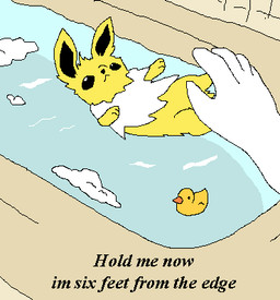 5_fingers ambiguous_gender bath bathroom bathtub black_inner_ear black_nose black_sclera black_text disembodied_hand duo falling feral fingers first_person_view fur humor inside neck_tuft rubber_duck soap_bubbles text thrown toy tuft water white_body white_eyes white_fur yellow_body yellow_fur richard_roe creed_(band) nintendo pokemon eeveelution generation_1_pokemon human jolteon mammal pokemon_(species) 2026 english_text low_res meme
