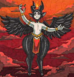 2_horns 4_fingers anthro apple armlet armor black_body black_fur black_sclera bottom_heavy bottomwear bracers choker clothed clothing eating eating_food eyelashes eyeshadow feathered_wings feathers femboy fingers food fruit fur glistening glistening_body glistening_eyelids glistening_fur glistening_legs glistening_thighs gold_(metal) gold_bracers gold_choker gold_jewelry gold_necklace grey_eyeshadow hooves horn huge_hips huge_thighs jewelry loincloth long_eyelashes makeup male multicolored_body multicolored_fur necklace plant skimpy solo text thick_thighs two_tone_body two_tone_fur white_body white_eyes white_fur wide_hipped_anthro wide_hipped_male wide_hips wings parasitedeath baphomet_(deity) baphomet_(parasitedeath) bovid caprine caprine_demon deity demon goat goat_demon mammal 2026 artist_name hi_res signature
