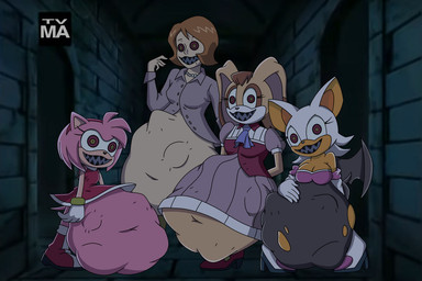 abdominal_bulge ambiguous_gender ambiguous_prey anthro anthro_pred black_teeth clothed clothing female female_pred grin grinning_at_viewer group human_pred possession red_eyes sharp_teeth smile smiling_at_viewer standing teeth torn_clothing unwilling_prey vore clairecafe2 sega sonic_the_hedgehog_(series) amy_rose lindsey_thorndyke rouge_the_bat vanilla_the_rabbit bat boom_boo_(sonic) eulipotyphlan hedgehog human lagomorph leporid mammal rabbit 2023 colored