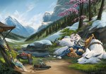 ambiguous_gender anthro armor biped black_nose blue_eyes brown_nose cherry_blossom claws clothed clothing cloud coin dipstick_tail dirt embers evergreen_tree fangs female feral flower fluffy fluffy_tail footwear forest fur glass_bottle gold_(metal) gold_coin grass group hair hand_on_knee hand_on_leg horn inner_ear_fluff markings mountain multi_ear multi_tail on_ground outside pine_tree pivoted_ears plant pond prunus_(flower) quadruped reclining reclining_on_another sitting sky sleeping smile snow tail tail_markings tan_body tan_fur teeth text toe_claws toeless_footwear tree trio tuft white_body white_fur white_hair ametat42 guild_wars canid canine charr felid fox fox_spirit mammal bow_(disambiguation) 2024 artist_name digital_media_(artwork) hi_res