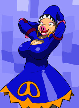 anthro big_breasts black_eyes breasts cleavage clothed clothing evil_water_pig eyeshadow fangs female hat headgear headwear lipstick makeup pig_nose shirt smile solo teeth topwear tunic villainess villainous anonymous_artist tomba! domestic_pig mammal suid suine sus_(pig) hi_res