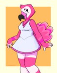 5_fingers anthro beak biped black_beak black_eyes breasts cleavage clothed clothing dress eyelashes feathers female fingers front_view multicolored_beak non-mammal_breasts pink_beak pink_body smile solo standing tail tail_feathers two_tone_beak sleepyscreen animal_crossing nintendo flora_(animal_crossing) avian bird flamingo 2022 dated digital_media_(artwork) hi_res portrait signature three-quarter_portrait