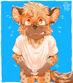 anthro balls black_nose blue_background bodily_fluids border bottomless bottomless_anthro bottomless_male brown_spots clothed clothing covering covering_self embarrassed fluffy fluffy_tail fur genitals high-angle_view kemono looking_at_viewer male shirt simple_background solo spots t-shirt tail tan_body tan_fur tears topwear white_border young young_anthro young_male akitainumaru hyena mammal spotted_hyena 2025 absurd_res hi_res