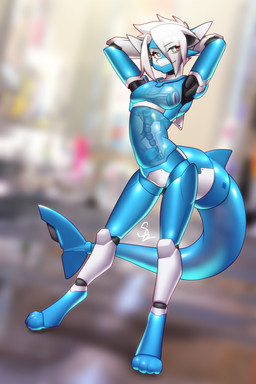 anthro joints machine male robotic robotization solo standing translucent translucent_body translucent_tail nariikhan robot robot_anthro hi_res