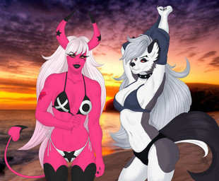 5_fingers anthro beach bikini bikini_bottom bikini_top black_lips breasts clothing collar colored_nails duo ear_piercing ear_ring female fingers fluffy fluffy_tail fur grey_body grey_fur grey_hair hair lips lipstick looking_at_viewer makeup multicolored_body multicolored_fur nails navel piercing pink_body raised_arm red_eyes ring_piercing seaside smile smiling_at_viewer sunset swimwear tail tattoo two-piece_swimsuit two_tone_body two_tone_fur undressing white_body white_fur white_hair yellow_eyes natttttalina hellaverse helluva_boss mythology loona_(helluva_boss) verosika_mayday canid canid_demon canine demon demon_humanoid hellhound humanoid mammal mythological_canine mythological_creature succubus 2023 hi_res