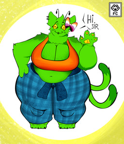 2_tails accessory anthro belly big_belly big_breasts bottom_heavy bow_ribbon bow_tie breasts cheek_tuft cheerful cheering clothing deep_navel eyewear facial_tuft female front_view green_body hair_accessory hair_bow hair_ribbon head_tuft huge_belly huge_hips huge_thighs jersey lesbian_pride_colors lgbt_pride logo multi_tail navel neck_tuft nerd orange_lesbian_pride_colors overweight overweight_anthro overweight_female pawpads pride_colors ribbons shirt solo standing tail tank_top thick_tail thick_thighs three-quarter_view topwear tuft wide_hips yellow_eyes fiwzycat! alien domestic_cat felid feline felis hybrid mammal pantherine absurd_res artist_logo colored digital_media_(artwork) full-length_portrait hi_res krita_(artwork) portrait