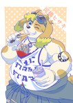 anthro belly blonde_hair clothing eating eyewear floppy_ears food fries goggles grin hair male musclegut muscular one_eye_closed pecs shirt smile solo tank_top tattoo text topwear wink kusarikakemono lifewonders live_a_hero hisaki_(live_a_hero) canid canine canis domestic_dog mammal hi_res japanese_text