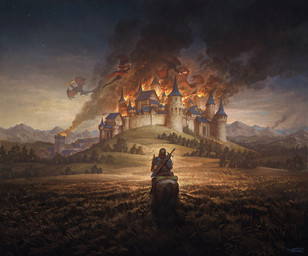ambiguous_gender blue_clothing breath_powers brown_hair castle clothing cloud detailed_background elemental_manipulation feral fire fire_breathing fire_manipulation flying grass group hair melee_weapon membrane_(anatomy) membranous_wings mountain plant red_body red_scales riding scabbard scales smoke star sunset sword tail tree weapon wings justin_gerard mythology dragon equid equine horse mammal mythological_creature mythological_scalie scalie 2020