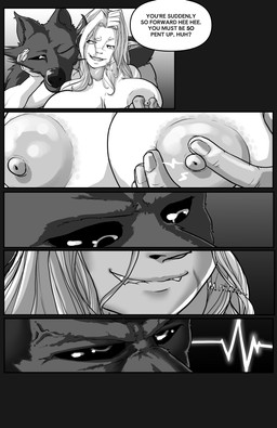 anthro areola big_breasts bite biting_lip black_sclera breast_fondling breast_grab breast_play breasts cheek_tuft clothing cross-popping_vein dialogue duo facial_scar facial_tuft female fondling hand_on_breast humanoid_pointy_ears looking_pleasured male male/female muscular muscular_female muscular_male muscular_on_muscular nipples pointy_ears scar smile speech_bubble text tuft vein junker_draws mythology canid canine elf humanoid mammal mythological_canine mythological_creature werecanid werecanine werecreature werewolf absurd_res comic english_text hi_res monochrome