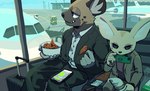 2020 aggretsuko aircraft airplane airport anthro black_nose canid canine clothed clothing cute_fangs dessert duo electronics female fennec_fox fenneko food fox fully_clothed haida_(aggretsuko) hi_res hyena ice_cream male mammal phone sanrio sitting spotted_hyena true_fox vehicle vetiver_n