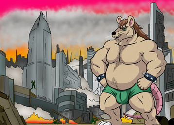 anthro belly belly_hair big_belly black_nose body_hair briefs brown_hair bulge chest_hair city city_destruction clothing destruction fur group hair macro male musclegut muscular muscular_arms pecs solo_focus tan_body tan_fur underwear whiskers wielder13 battletoads rareware big_blag mammal murid murine rat rodent hi_res