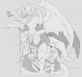 anal anthro armor ball_grab balls biped erection fellatio genitals group group_sex headgear helmet horn humanoid_genitalia humanoid_penis kneeling male male/male membrane_(anatomy) membranous_wings oral oral_sandwich penile penis rimming sex smile tail text threesome trio wings zerofox1000 european_mythology mythology eins falz ruze dragon mythological_creature mythological_scalie scalie western_dragon 2025 english_text hi_res monochrome signature