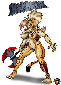 amazon anthro armor axe barbarian big_hair blood bodily_fluids bone breasts double_bitted_axe female genitals hair holding_object holding_weapon melee_weapon muscular muscular_anthro muscular_female nipples shield simple_background skull solo tail text thick_thighs unconvincing_armor vulva warrior weapon lordstevie barbaria cheetah felid feline mammal hi_res