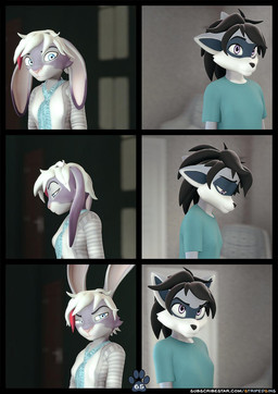 alternative_fashion angry anthro black_hair blue_body blue_eyes blue_fur clothing comic_book comic_panel cravat determined emo emo_haircut female floppy_ears fur hair purple_body purple_eyes purple_fur scarf shirt sweater t-shirt topwear upset white_hair willitfit striped_sins june_(striped_sins) ryder_(striped_sins) lagomorph leporid mammal procyonid rabbit raccoon 3d_(artwork) comic digital_media_(artwork) hi_res
