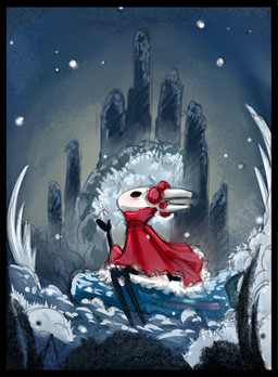2_horns ambiguous_gender anthro biped black_body black_eyes cloak clothed clothing electronics empty_eyes headphones horn outside red_cloak red_clothing sitting snow solo narikusha hollow_knight:_silksong hollow_knight_(franchise) team_cherry hornet_(hollow_knight) arthropod 2026 digital_media_(artwork) full-length_portrait hi_res portrait female_(lore)