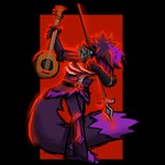 anthro bandage blood blood_drip bodily_fluids bone clothing coat drama dramatic_pose dripping fingers fur glowing hair long_tail male markings melee_weapon musical_instrument polearm purple_body purple_fur purple_hair red_background simple_background skeleton smile solo spear tail topwear weapon duqueofdingos darkest_dungeon ennibodaivy jester_(darkest_dungeon) canid canine canis felid feline felis hybrid mammal pantherine revenant undead wolf 1:1 alpha_channel