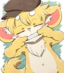 4_fingers anthro blonde_hair blush clothing eyes_closed fangs fingers fur hair headgear headgear_only headwear headwear_only male mostly_nude navel neck_tuft solo tail teeth tuft yellow_body yellow_fur young young_anthro young_male kagerow canid canine canis domestic_dog mammal 2019 hi_res