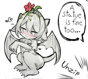 ambiguous_gender blush claws dialogue flower_on_head grey_body heart_symbol membrane_(anatomy) membranous_wings offscreen_character quadruped sculpture simple_background sitting smile solo statue tail text white_background wings ar5l0v1g a_cat_is_fine_too arknights hypergryph studio_montagne questioning_statue_(arknights) animate_inanimate felid living_statue mammal digital_media_(artwork) english_text hi_res meme