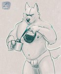 anthro beverage briefs bulge clothed clothing coffee coffee_pot container cup frown holding_container holding_cup holding_mug holding_object male mug nipples pouring simple_background solo standing tail tighty_whities topless underwear underwear_only white_briefs white_clothing white_underwear cosmic_dog canid canine mammal 2020 5:6 digital_media_(artwork) monochrome portrait three-quarter_portrait